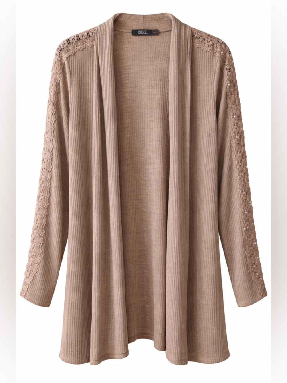 Cure Open-Front Lace-Trim Cardigan Sweater in Taupe